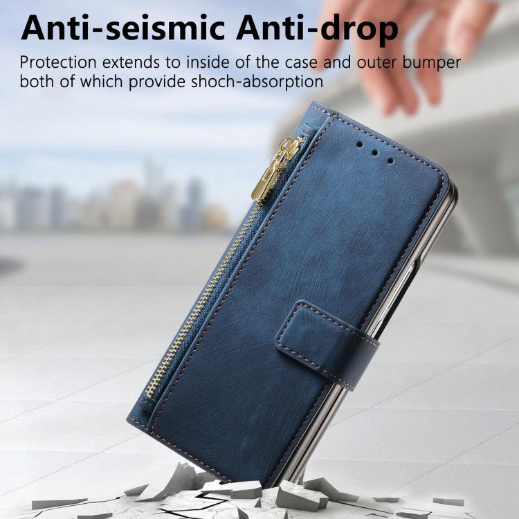 Funda de cuero con cremallera magnética MagSafe retro para Samsung Galaxy Z Fold 7 5G (azul)