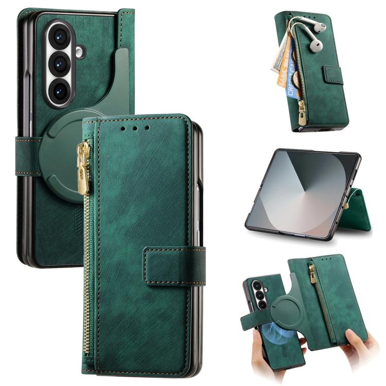 Funda de cuero con cremallera magnética MagSafe retro para Samsung Galaxy Z Fold 7 5G (verde)