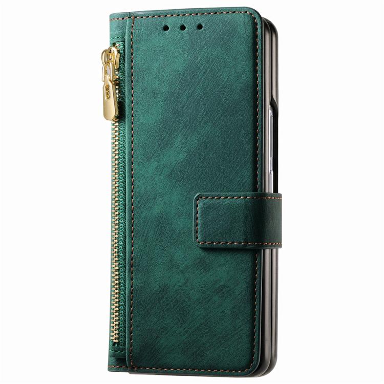 Funda de cuero con cremallera magnética MagSafe retro para Samsung Galaxy Z Fold 7 5G (verde)