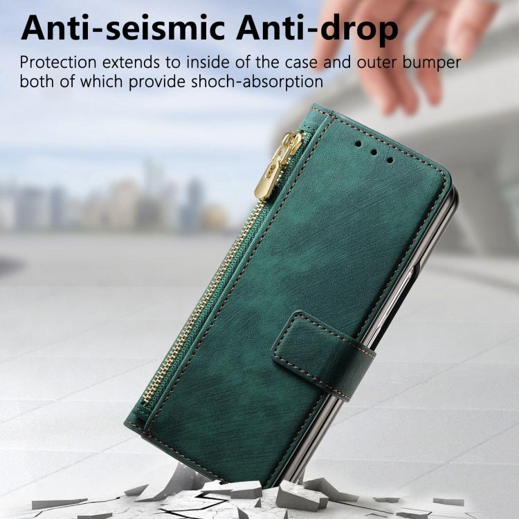 Funda de cuero con cremallera magnética MagSafe retro para Samsung Galaxy Z Fold 7 5G (verde)