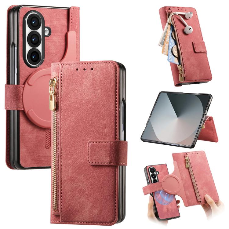 Funda de cuero con cremallera magnética MagSafe retro para Samsung Galaxy Z Fold7 5G (rosa)
