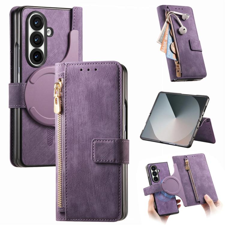 Funda de cuero con cremallera magnética MagSafe retro para Samsung Galaxy Z Fold 7 5G (morado)