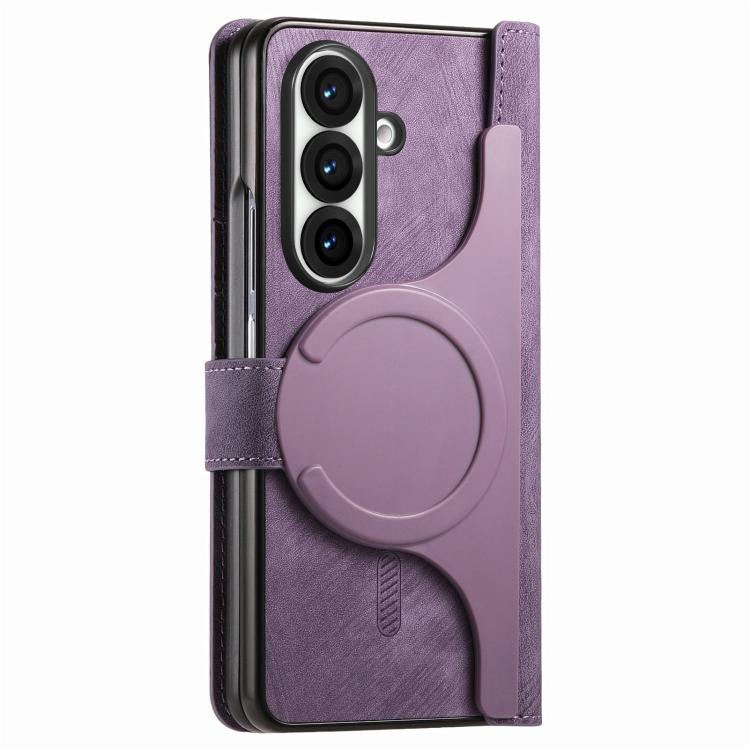 Funda de cuero con cremallera magnética MagSafe retro para Samsung Galaxy Z Fold 7 5G (morado)