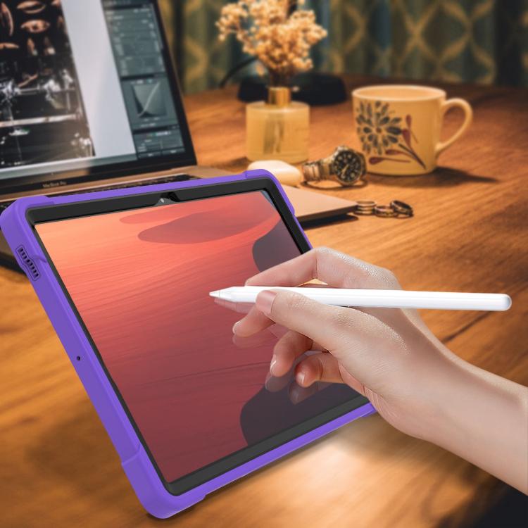 Funda híbrida de silicona a prueba de golpes para Samsung Galaxy Tab S10 FE+ con soporte (negro y morado)