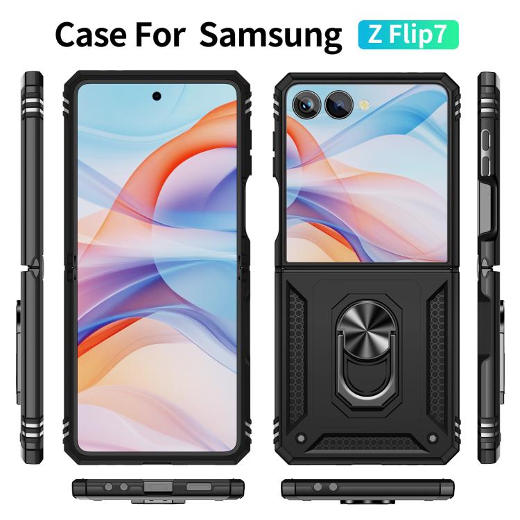 Funda de TPU + PC a prueba de golpes con soporte para Samsung Galaxy Z Flip7 5G (negra)
