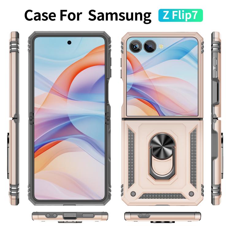 Funda de TPU + PC a prueba de golpes con soporte para Samsung Galaxy Z Flip7 5G (dorada)