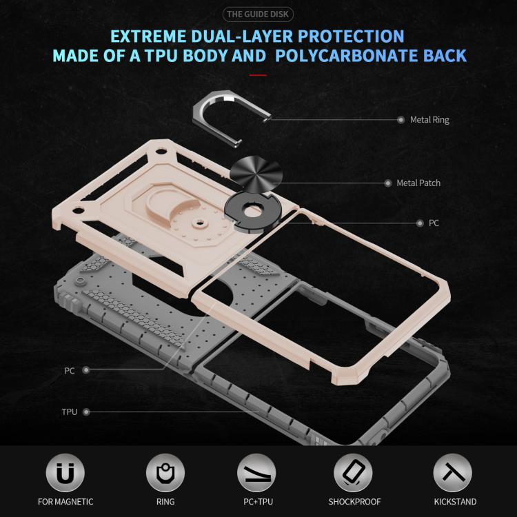Funda de TPU + PC a prueba de golpes con soporte para Samsung Galaxy Z Flip7 5G (dorada)