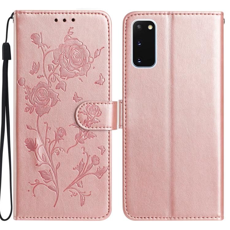 Funda de cuero con estampado floral en relieve para Samsung Galaxy S20 5G (oro rosa)