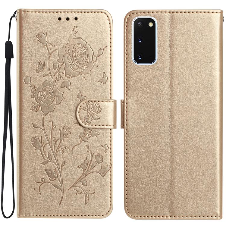 Funda de cuero con estampado de rosas en relieve para Samsung Galaxy S20 5G (dorada)