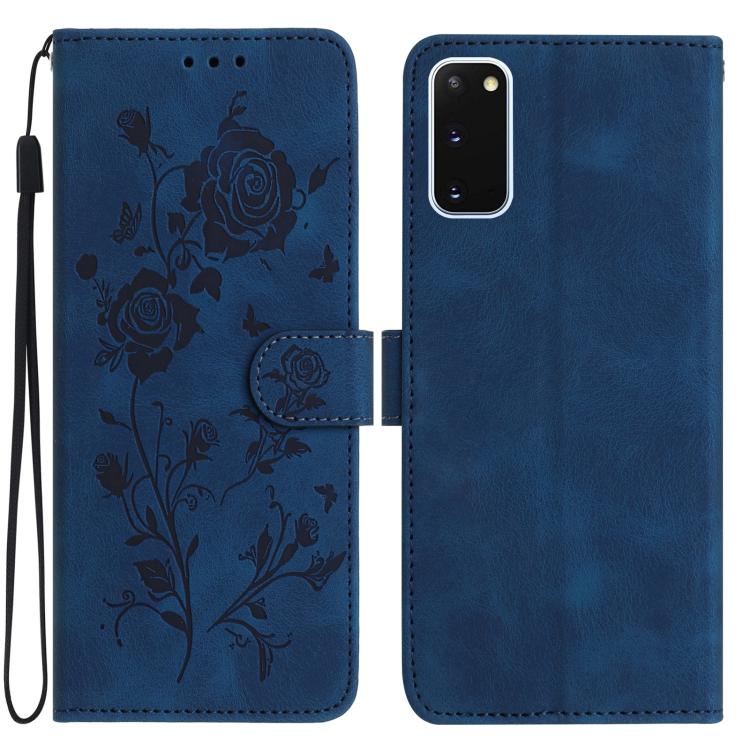 Funda de cuero con estampado floral en relieve para Samsung Galaxy S20 5G (azul oscuro)