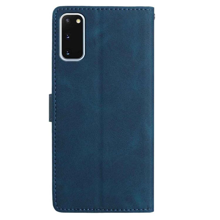 Funda de cuero con estampado floral en relieve para Samsung Galaxy S20 5G (azul oscuro)