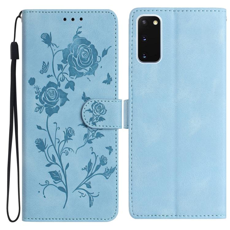 Funda de piel con estampado floral en relieve para Samsung Galaxy S20 5G (azul cielo)
