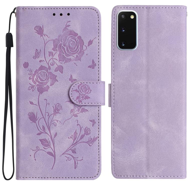 Funda de cuero con estampado de rosas en relieve para Samsung Galaxy S20 5G (morado claro)