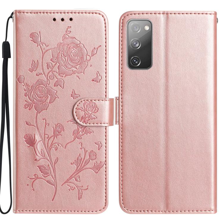 Funda de cuero con estampado floral en relieve para Samsung Galaxy S20 FE 5G (oro rosa)