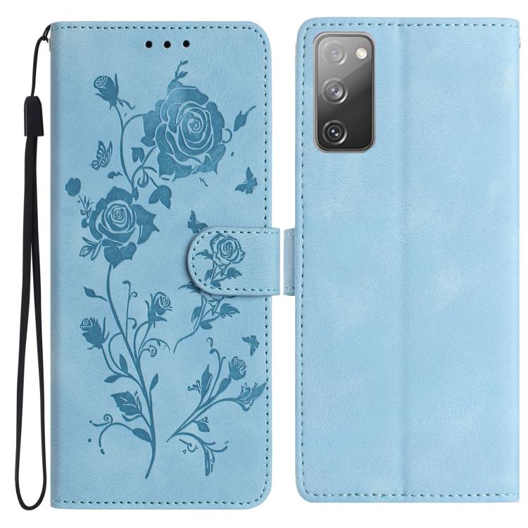 Funda de piel con estampado floral en relieve para Samsung Galaxy S20 FE 5G (azul cielo)