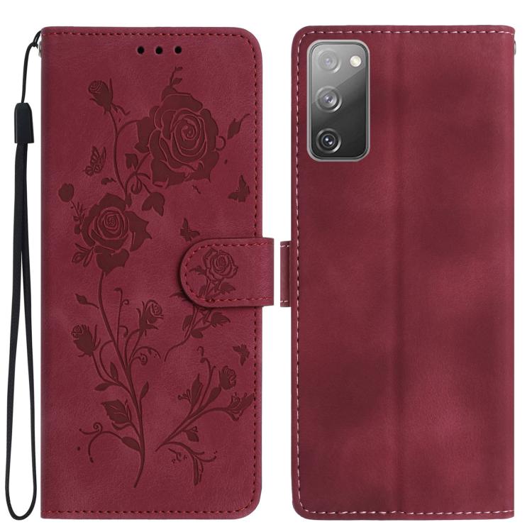 Funda de cuero con estampado floral en relieve para Samsung Galaxy S20 FE 5G (roja)
