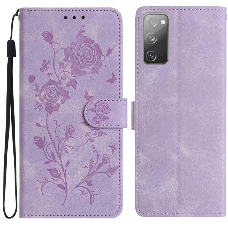 Funda de cuero con estampado floral en relieve para Samsung Galaxy S20 FE 5G (morado claro)