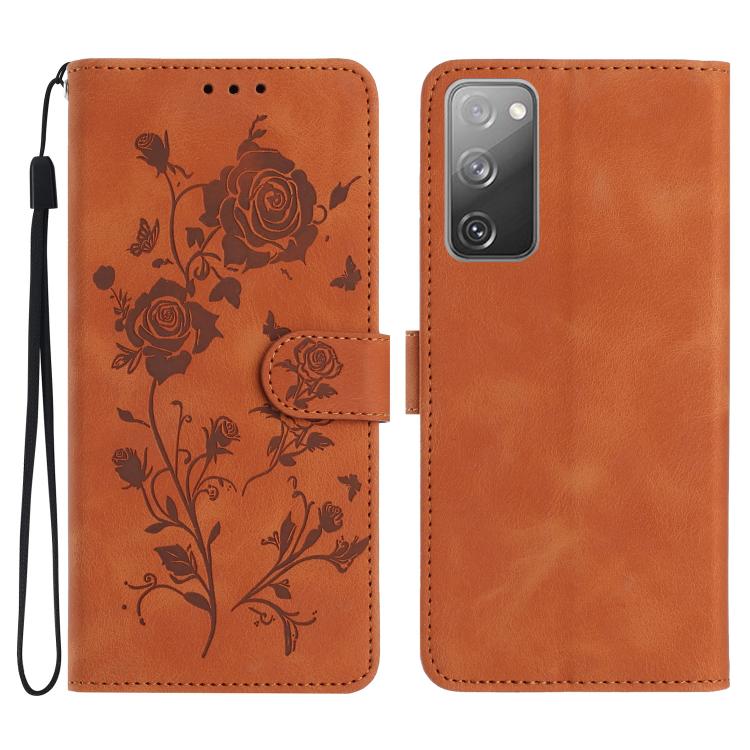 Funda de cuero con estampado de rosas en relieve para Samsung Galaxy S20 FE 5G (marrón)