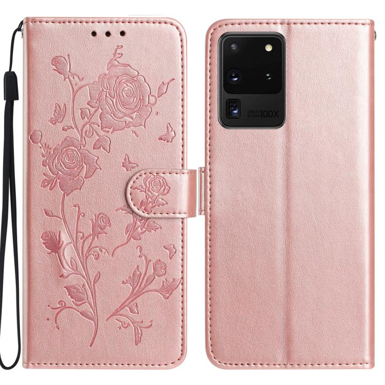 Funda de cuero con estampado floral en relieve para Samsung Galaxy S20 Ultra 5G (oro rosa)