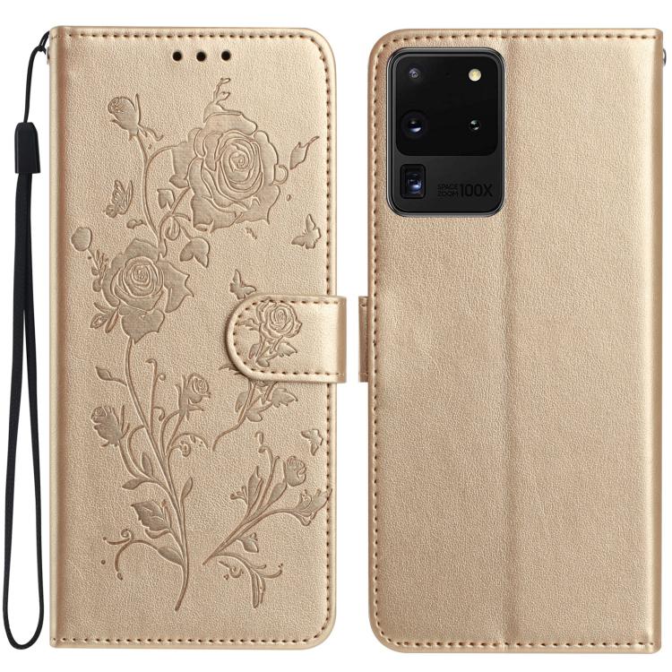 Funda de cuero con estampado de rosas en relieve para Samsung Galaxy S20 Ultra 5G (dorada)