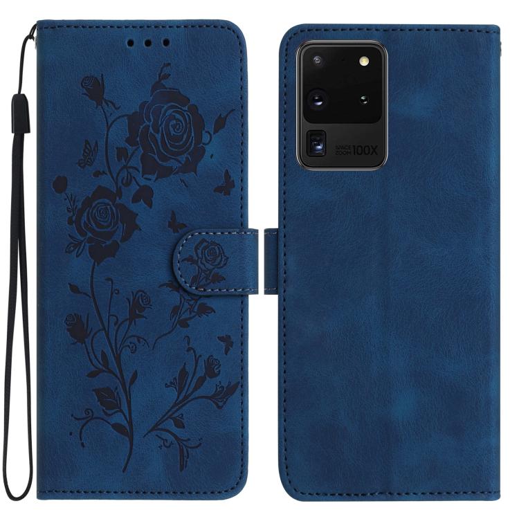 Funda de cuero con estampado floral en relieve para Samsung Galaxy S20 Ultra 5G (azul oscuro)