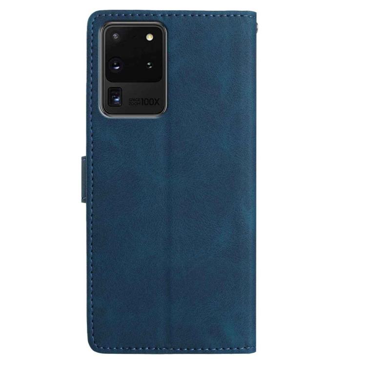 Funda de cuero con estampado floral en relieve para Samsung Galaxy S20 Ultra 5G (azul oscuro)