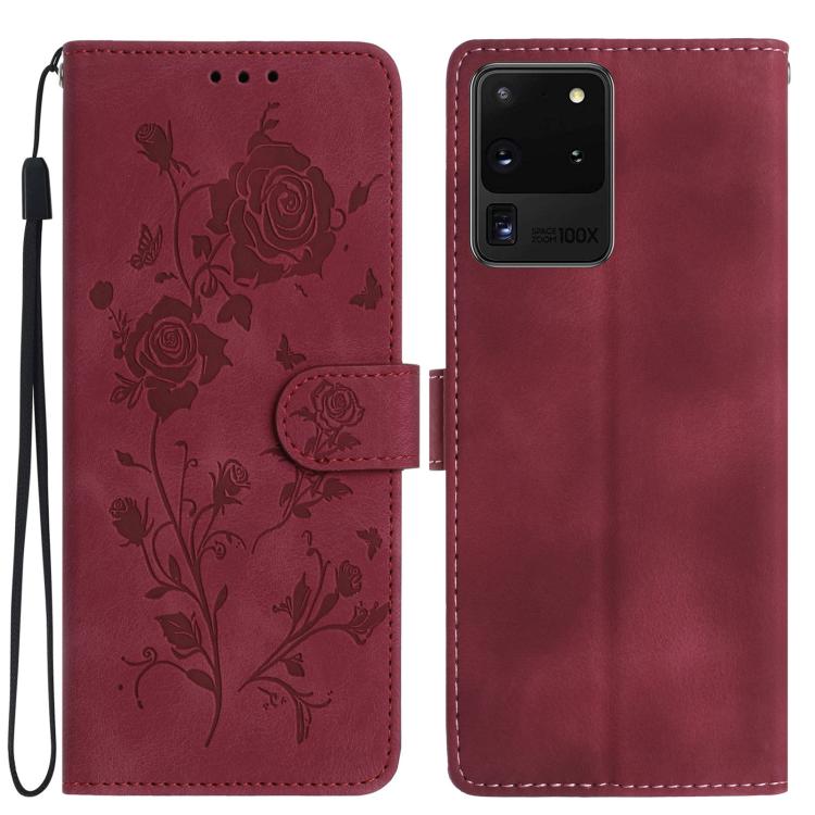 Funda de cuero con estampado de rosas en relieve para Samsung Galaxy S20 Ultra 5G (roja)