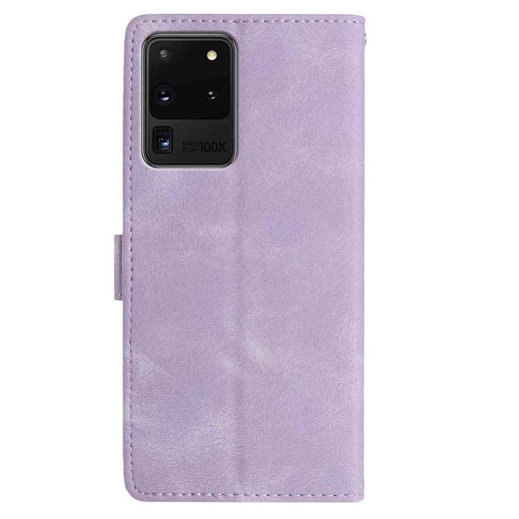 Funda de cuero con estampado de rosas en relieve para Samsung Galaxy S20 Ultra 5G (morado claro)