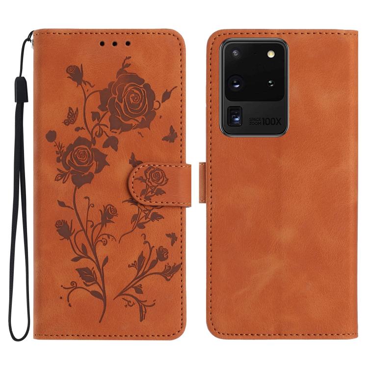 Funda de cuero con estampado de rosas en relieve para Samsung Galaxy S20 Ultra 5G (marrón)