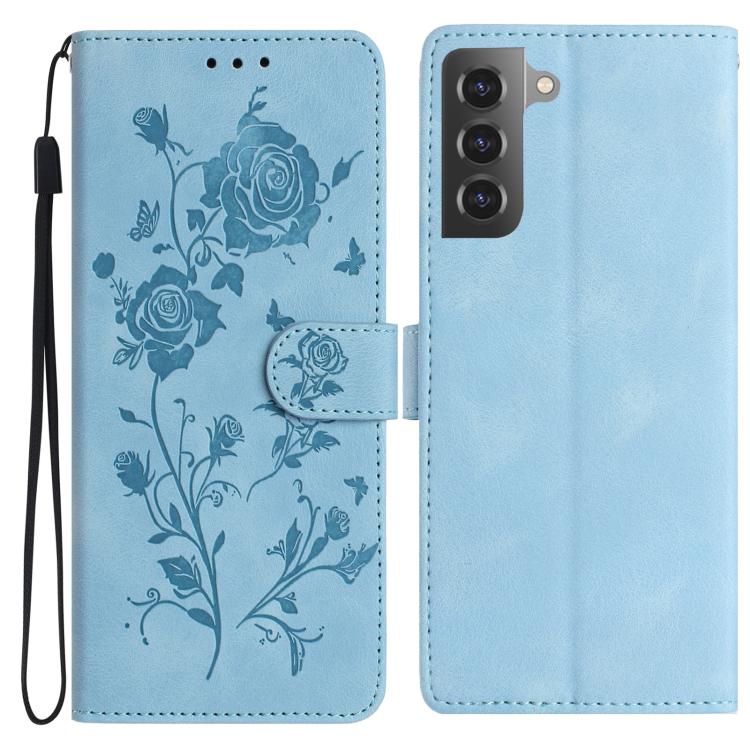 Funda de piel con estampado floral en relieve para Samsung Galaxy S21 5G (azul cielo)