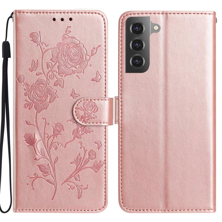 Funda de cuero con estampado floral en relieve para Samsung Galaxy S21+ 5G (oro rosa)