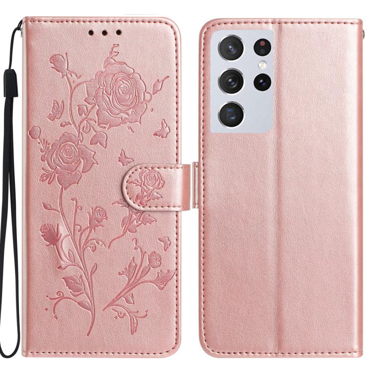 Funda de cuero con estampado floral en relieve para Samsung Galaxy S21 Ultra 5G (oro rosa)