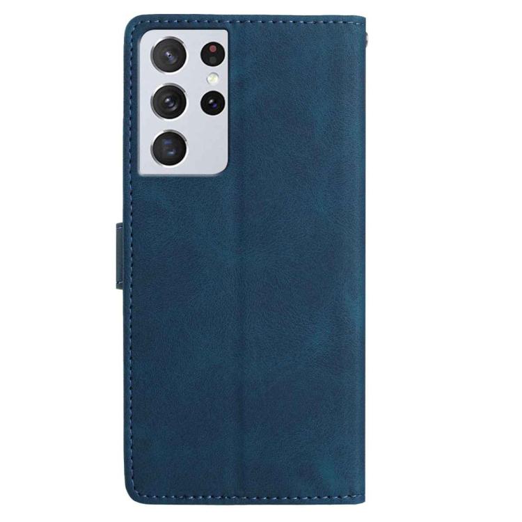 Funda de cuero con estampado floral en relieve para Samsung Galaxy S21 Ultra 5G (azul oscuro)