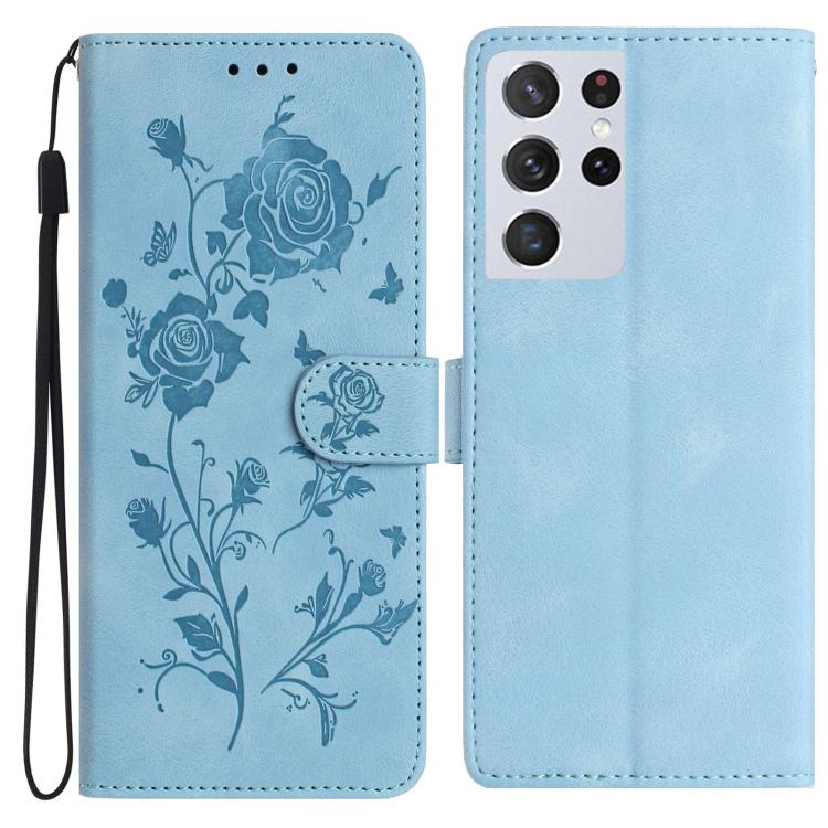 Funda de piel con estampado floral en relieve para Samsung Galaxy S21 Ultra 5G (azul cielo)