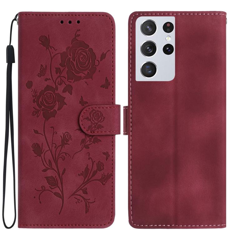 Funda de cuero con estampado floral en relieve para Samsung Galaxy S21 Ultra 5G (roja)