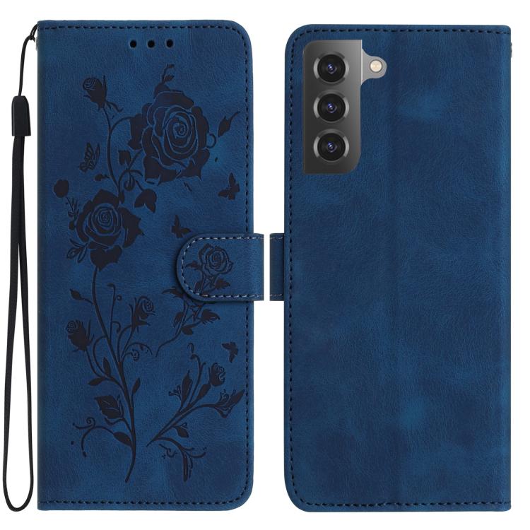 Funda de cuero con estampado floral en relieve para Samsung Galaxy S22 5G (azul oscuro)