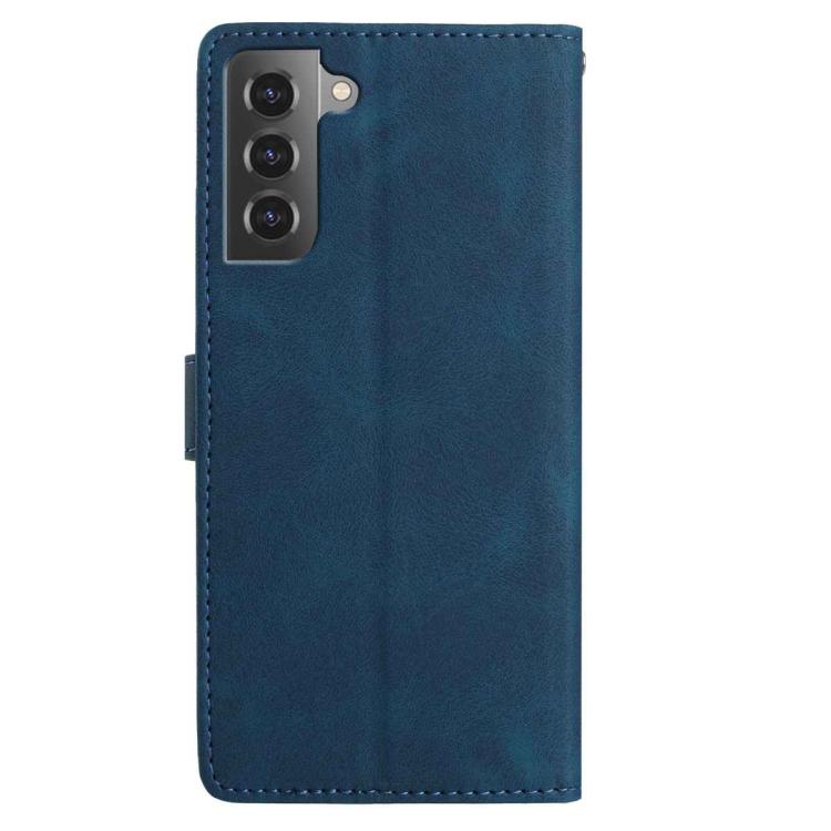 Funda de cuero con estampado floral en relieve para Samsung Galaxy S22 5G (azul oscuro)