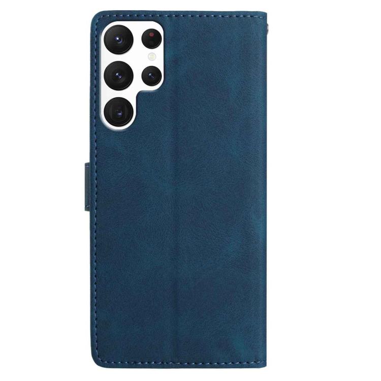 Funda de cuero con estampado floral en relieve para Samsung Galaxy S22 Ultra 5G (azul oscuro)
