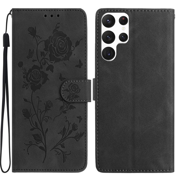 Funda de cuero con estampado de rosas en relieve para Samsung Galaxy S22 Ultra 5G (negra)