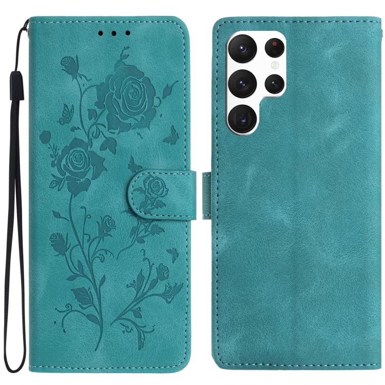 Funda de cuero con estampado floral en relieve para Samsung Galaxy S22 Ultra 5G (verde)