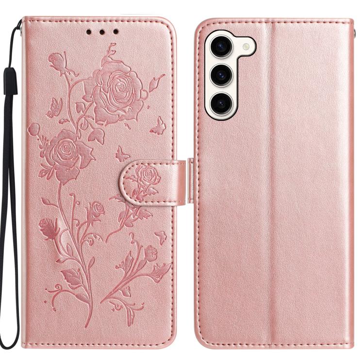 Funda de cuero con estampado floral en relieve para Samsung Galaxy S23 5G (oro rosa)