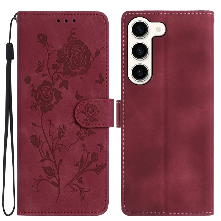 Funda de cuero con estampado de rosas en relieve para Samsung Galaxy S23 5G (roja)