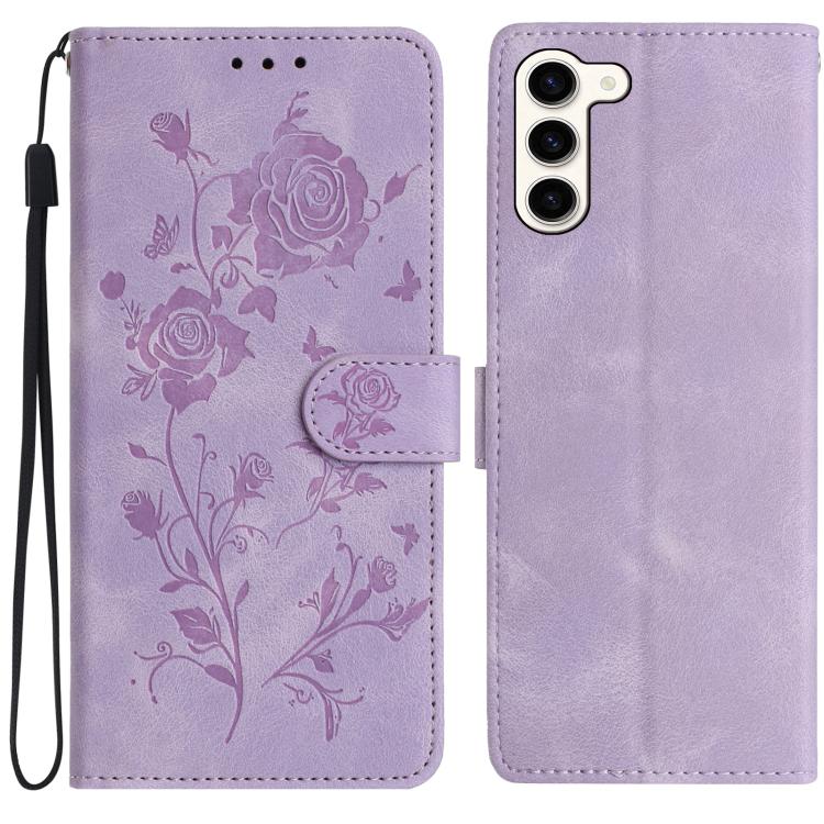 Funda de cuero con estampado de rosas en relieve para Samsung Galaxy S23 5G (morado claro)