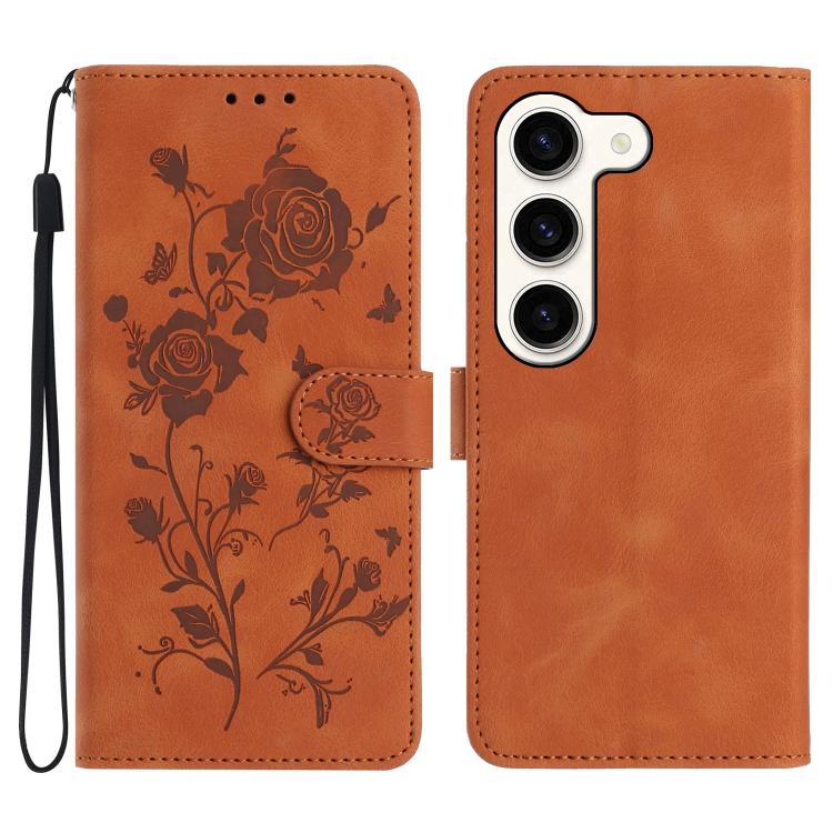 Funda de cuero con estampado de rosas en relieve para Samsung Galaxy S23 5G (marrón)