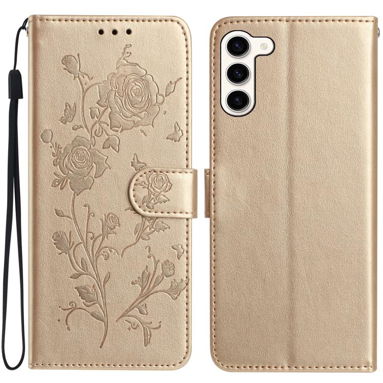 Funda de cuero con estampado de rosas en relieve para Samsung Galaxy S23+ 5G (dorada)