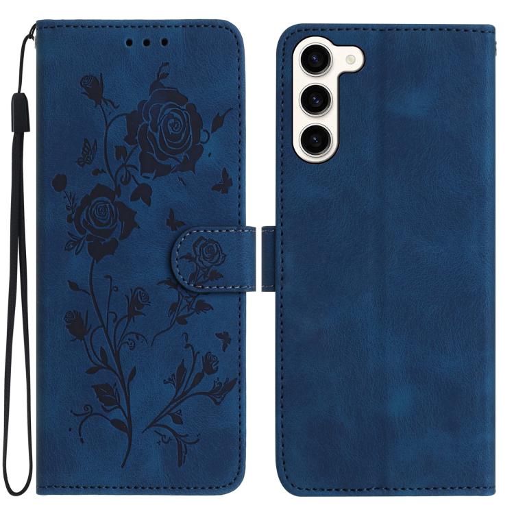 Funda de cuero con estampado floral en relieve para Samsung Galaxy S23+ 5G (azul oscuro)