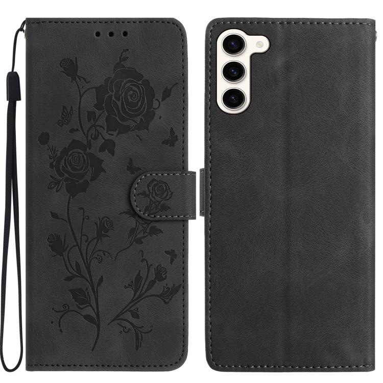 Funda de cuero con estampado de rosas en relieve para Samsung Galaxy S23+ 5G (negra)