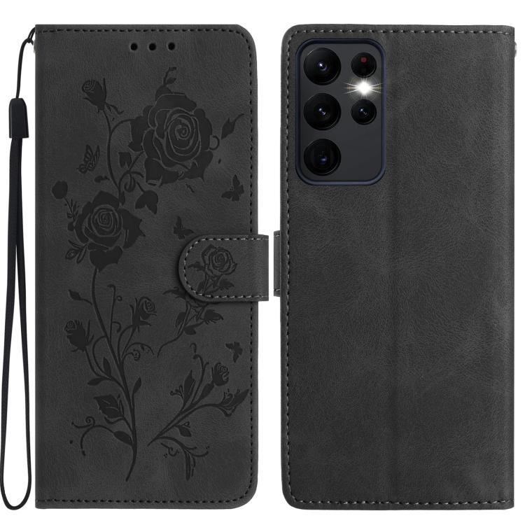 Funda de cuero con estampado de rosas en relieve para Samsung Galaxy S23 Ultra 5G (negra)