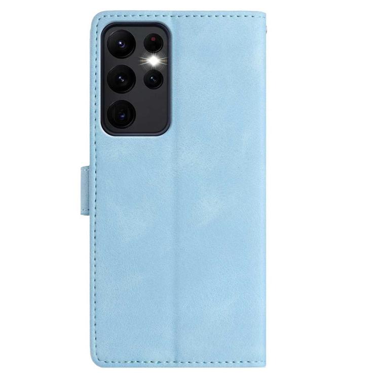 Funda de cuero con estampado floral en relieve para Samsung Galaxy S23 Ultra 5G (azul cielo)