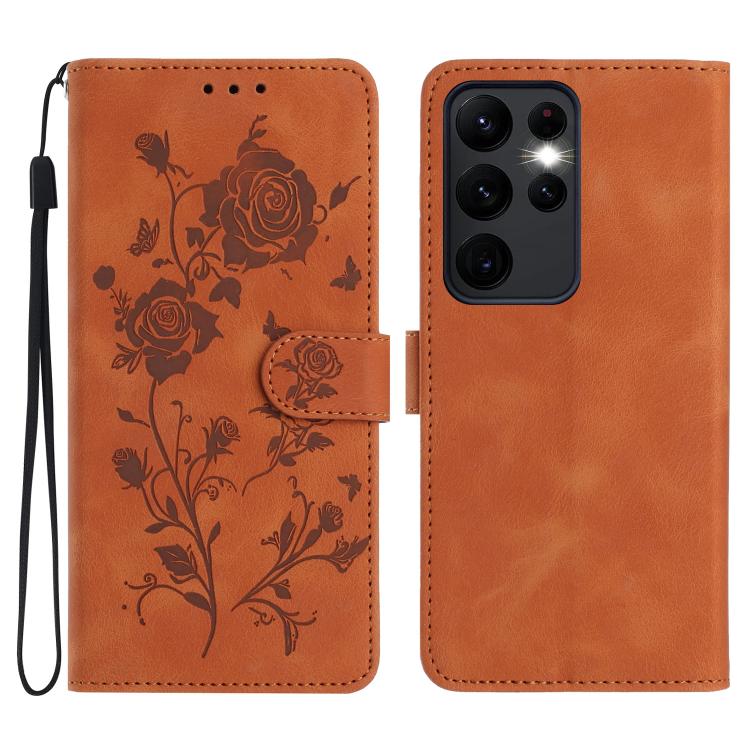 Funda de cuero con estampado de rosas en relieve para Samsung Galaxy S23 Ultra 5G (marrón)